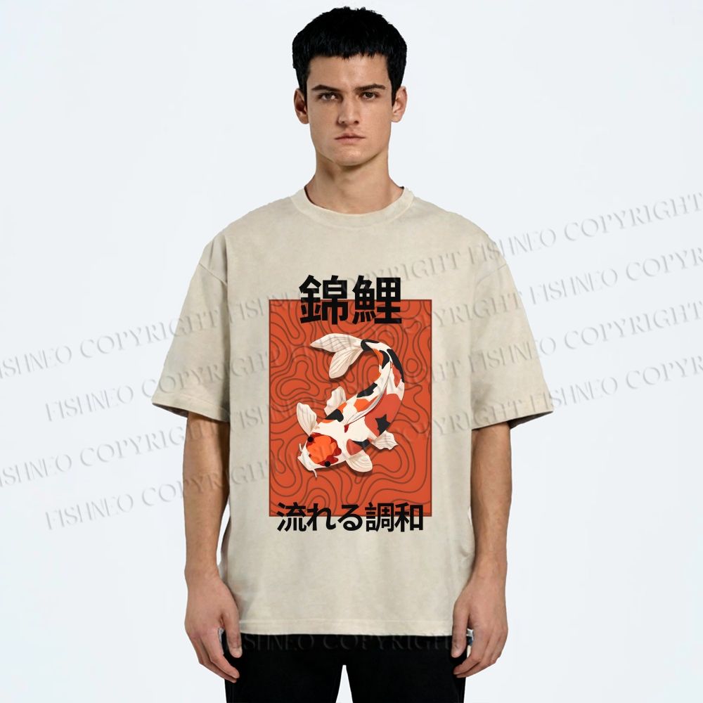 Unisex Japanese Koi Fish Printed Washed Tee