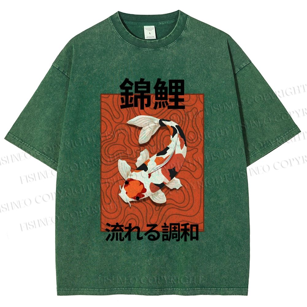 Unisex Japanese Koi Fish Printed Washed Tee