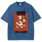 Unisex Japanese Koi Fish Printed Washed Tee