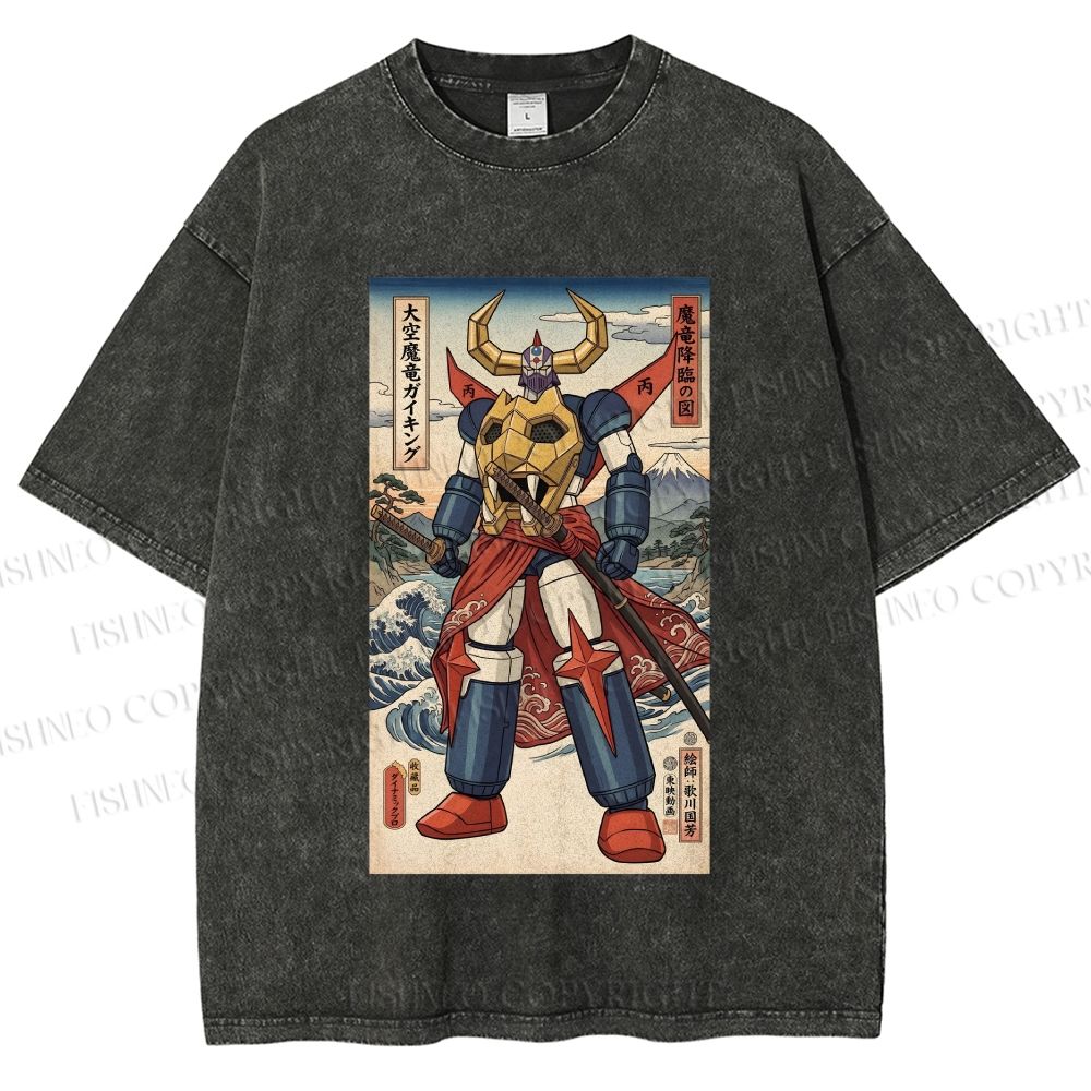 Unisex Japanese Ukiyo-e Mazinger Z Printed Washed Tee