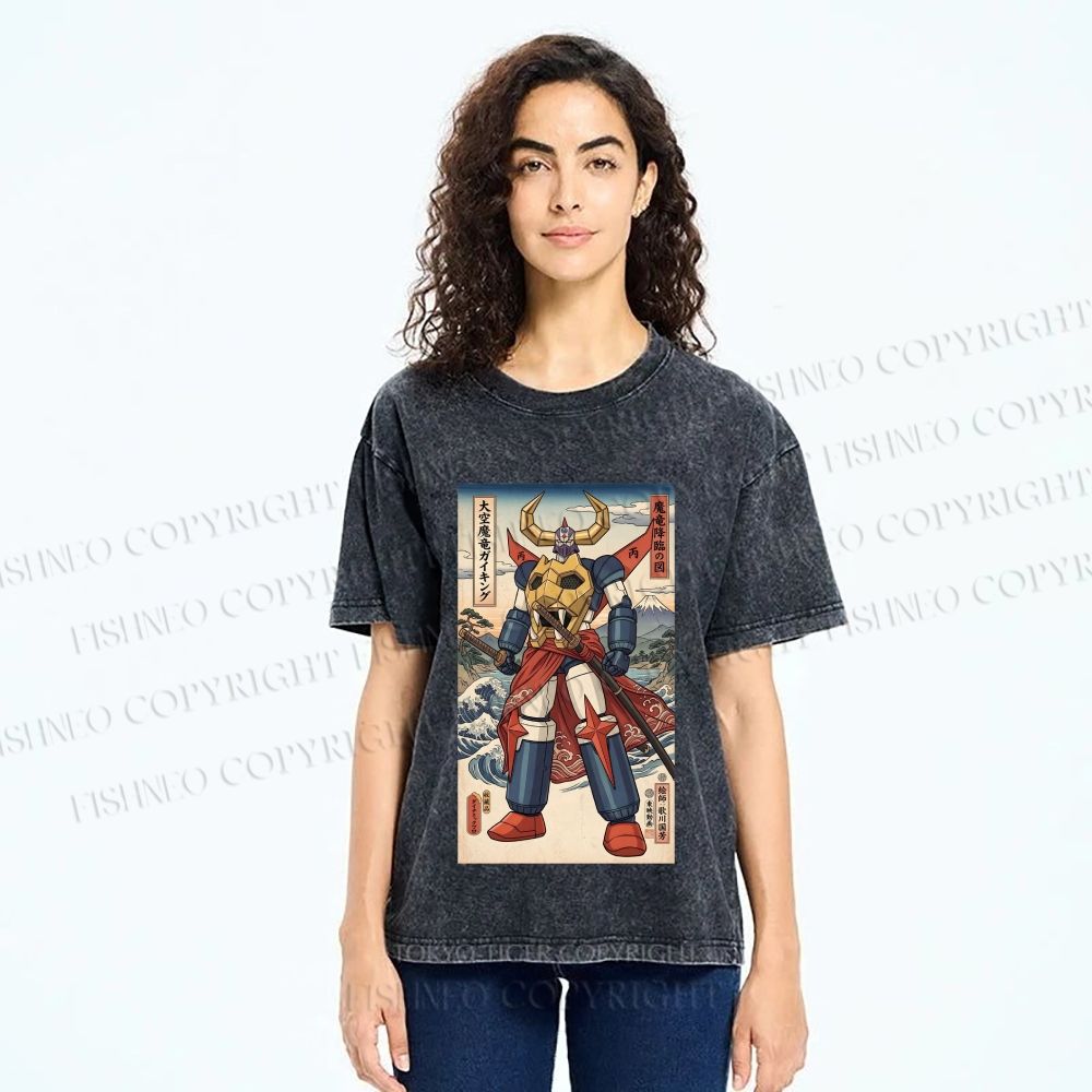 Unisex Japanese Ukiyo-e Mazinger Z Printed Washed Tee