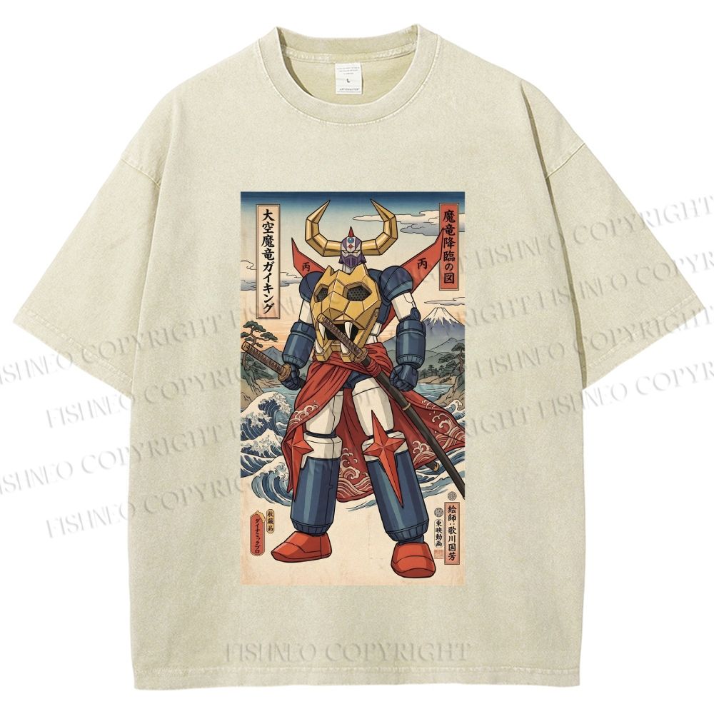 Unisex Japanese Ukiyo-e Mazinger Z Printed Washed Tee