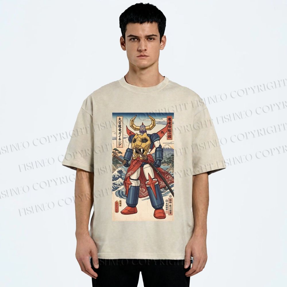 Unisex Japanese Ukiyo-e Mazinger Z Printed Washed Tee