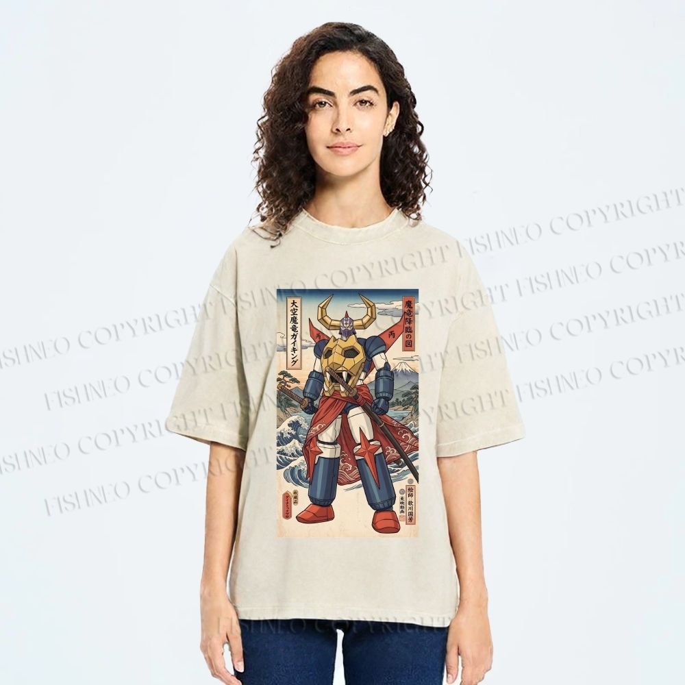 Unisex Japanese Ukiyo-e Mazinger Z Printed Washed Tee