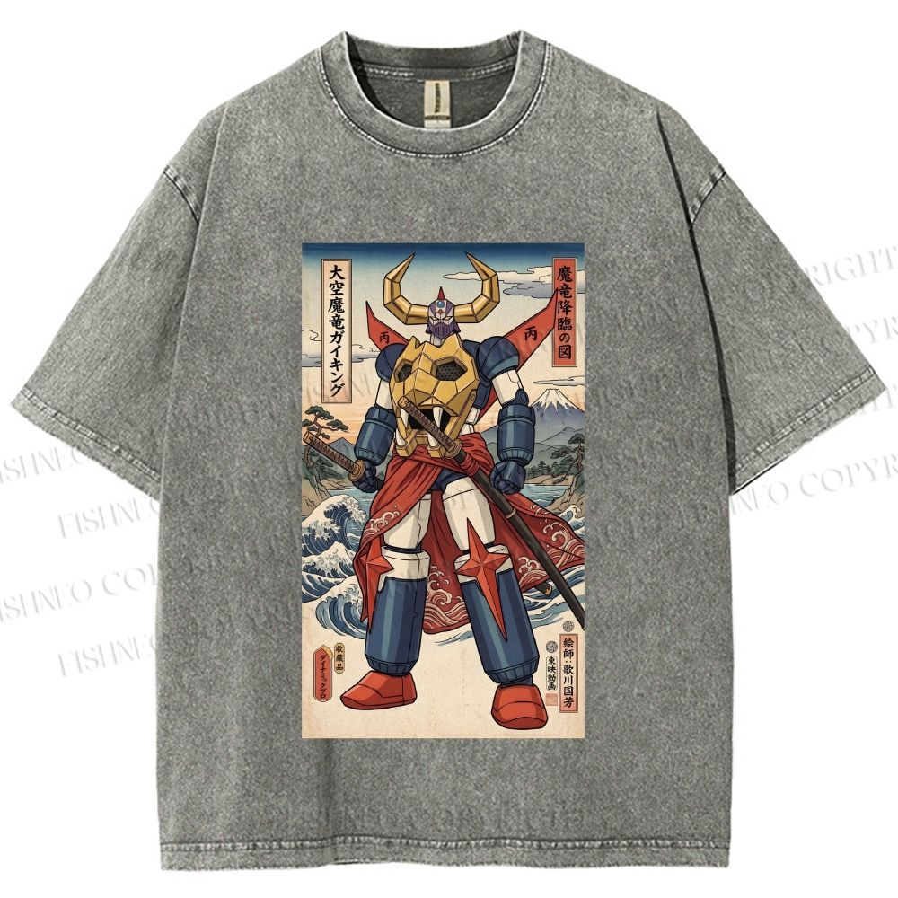 Unisex Japanese Ukiyo-e Mazinger Z Printed Washed Tee
