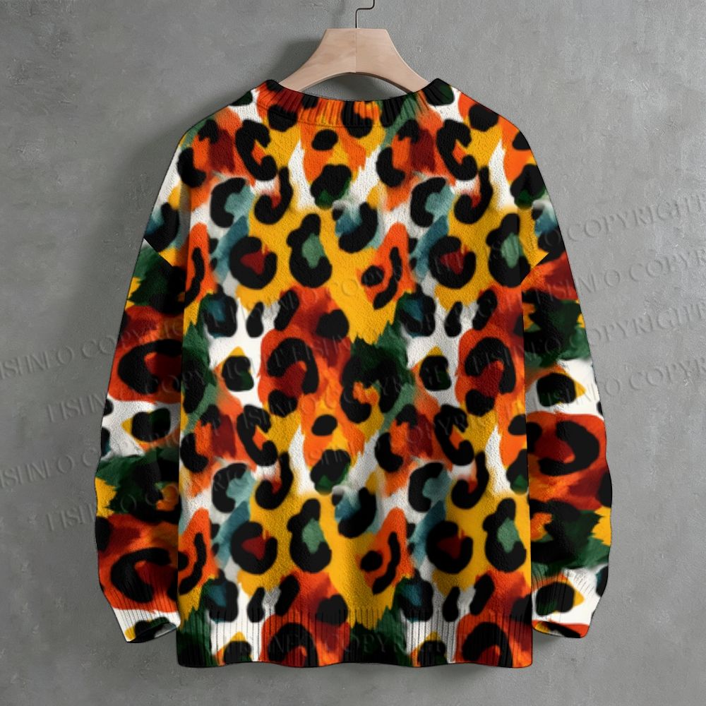 Autum Style Leopard Print Crew Neck Sweater