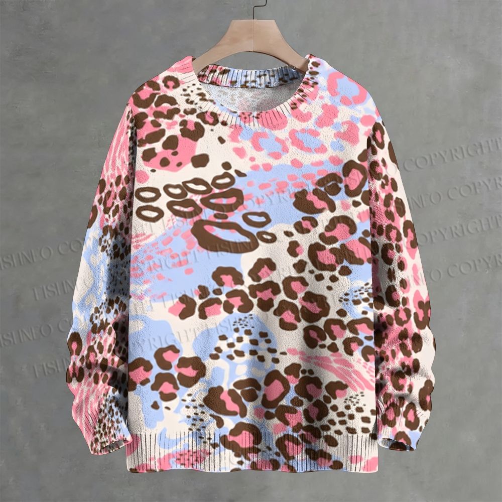 Baby Blue Pink Lepord Print Crew Neck Sweater