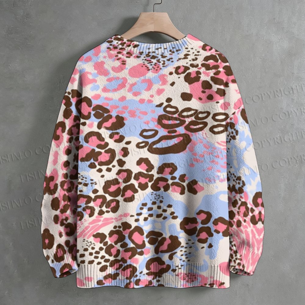 Baby Blue Pink Lepord Print Crew Neck Sweater