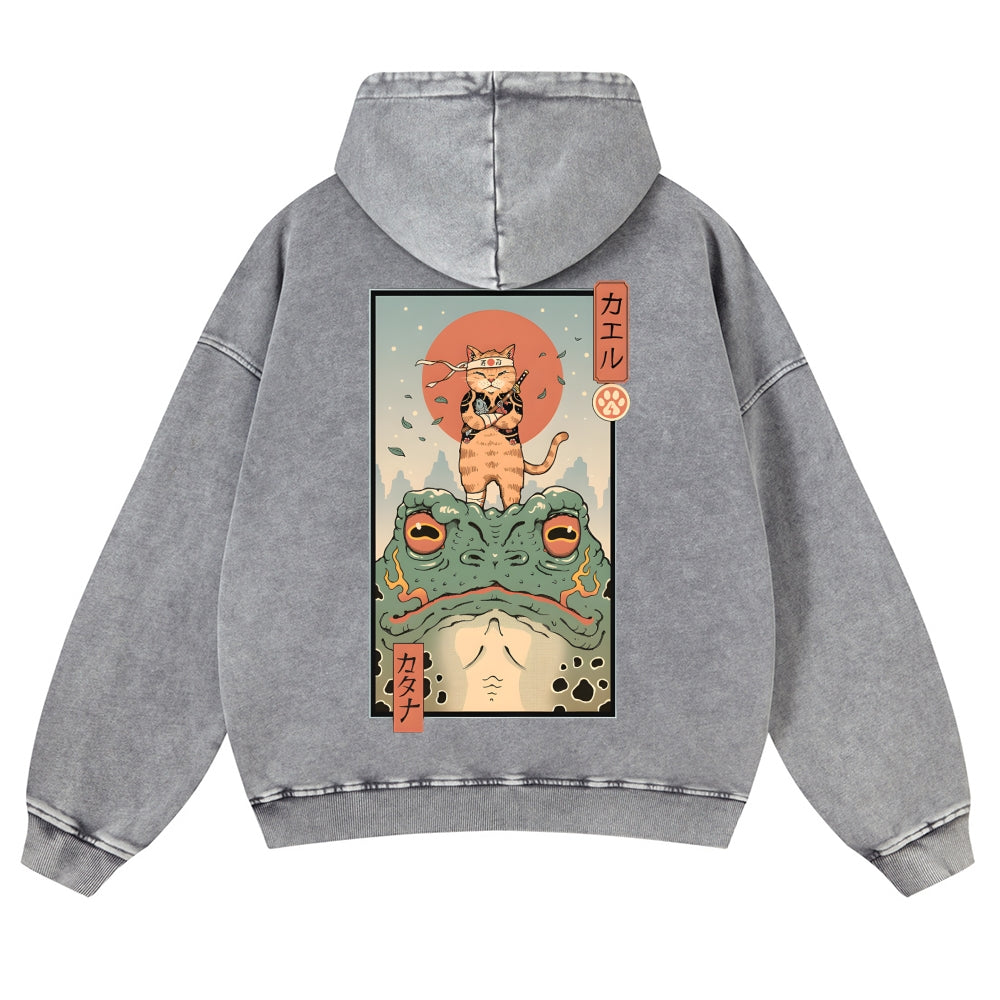 Cat Frog Vintage Washed Cotton Back Art Hoodie