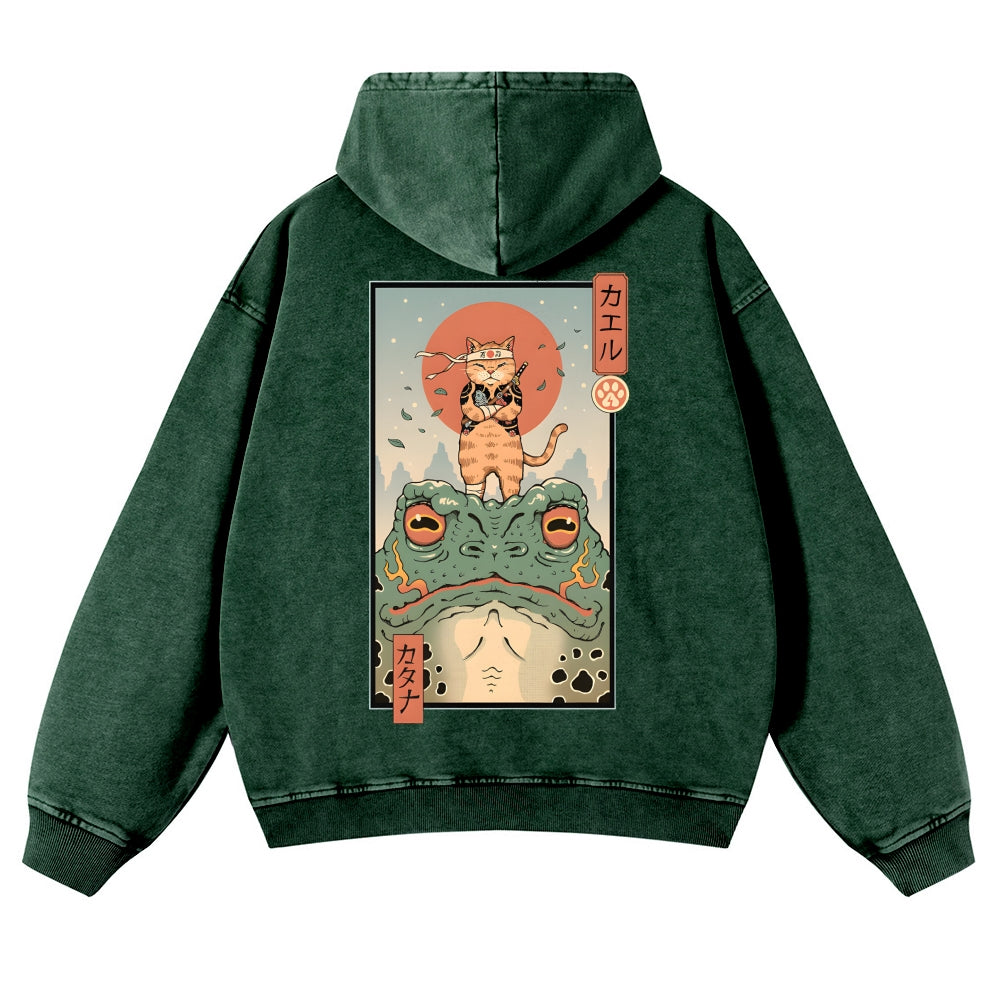 Cat Frog Vintage Washed Cotton Back Art Hoodie