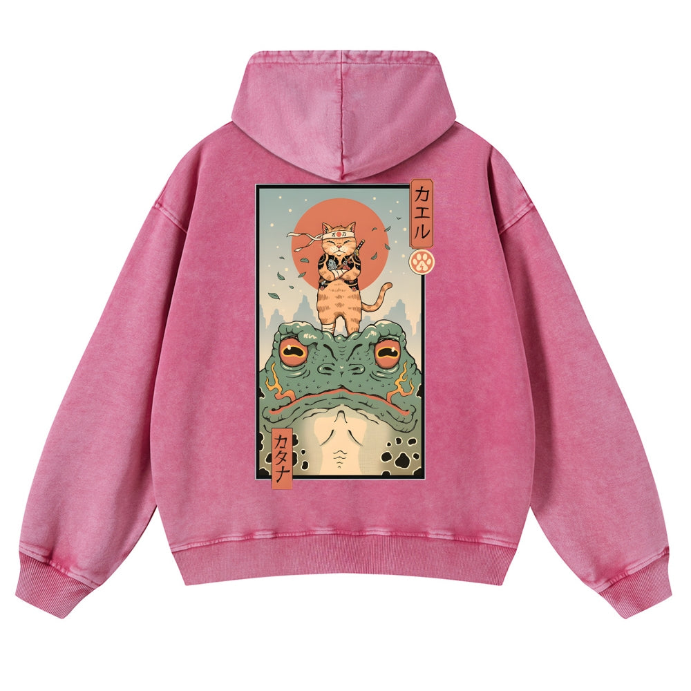Cat Frog Vintage Washed Cotton Back Art Hoodie