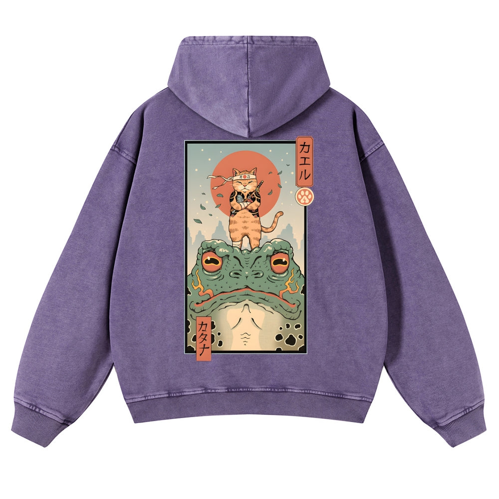 Cat Frog Vintage Washed Cotton Back Art Hoodie