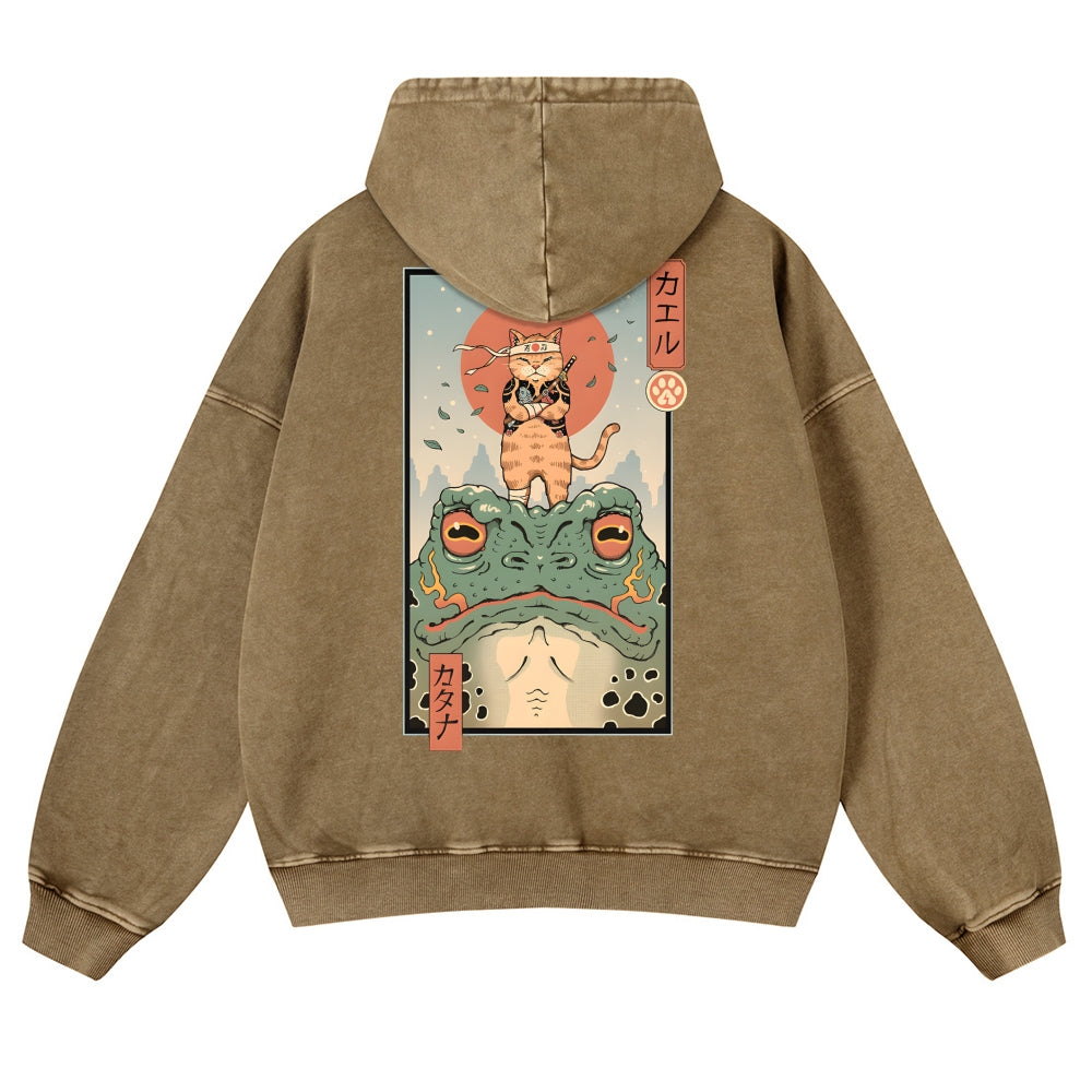 Cat Frog Vintage Washed Cotton Back Art Hoodie