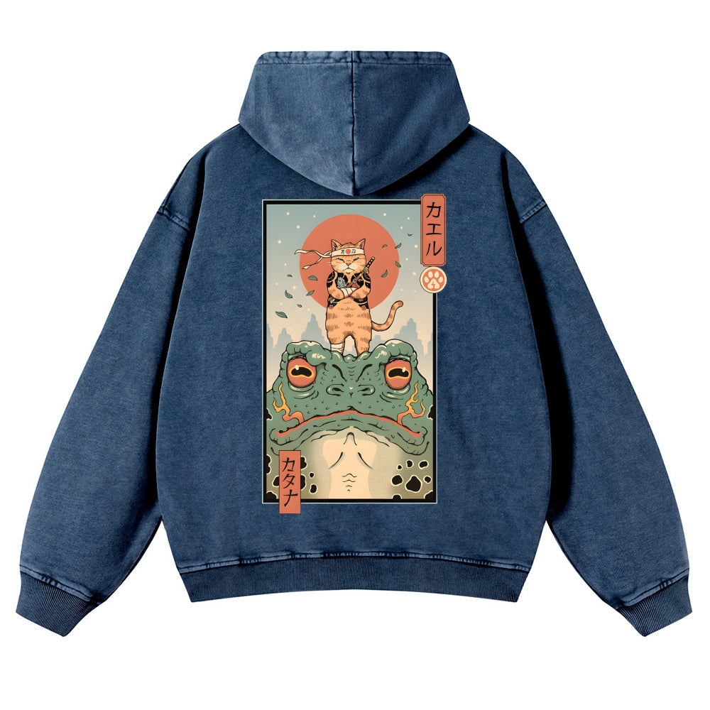 Cat Frog Vintage Washed Cotton Back Art Hoodie