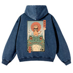 Cat Frog Vintage Washed Cotton Back Art Hoodie