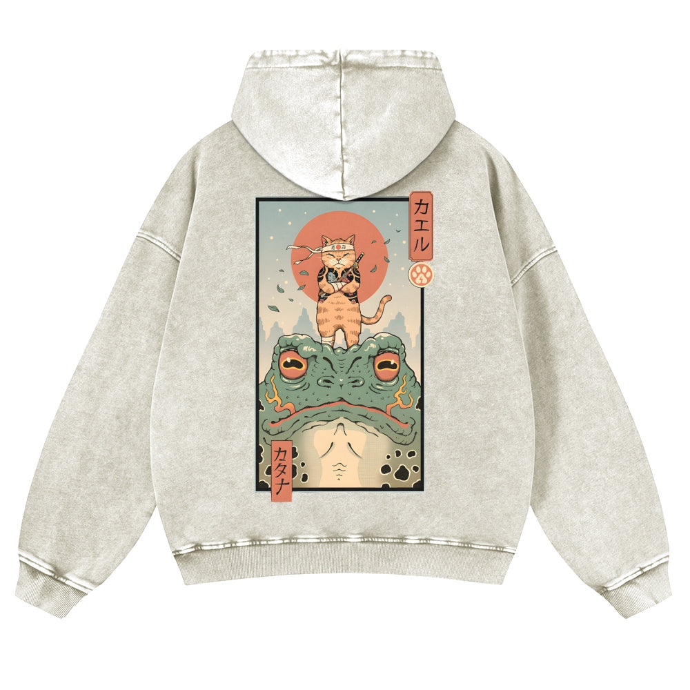 Cat Frog Vintage Washed Cotton Back Art Hoodie