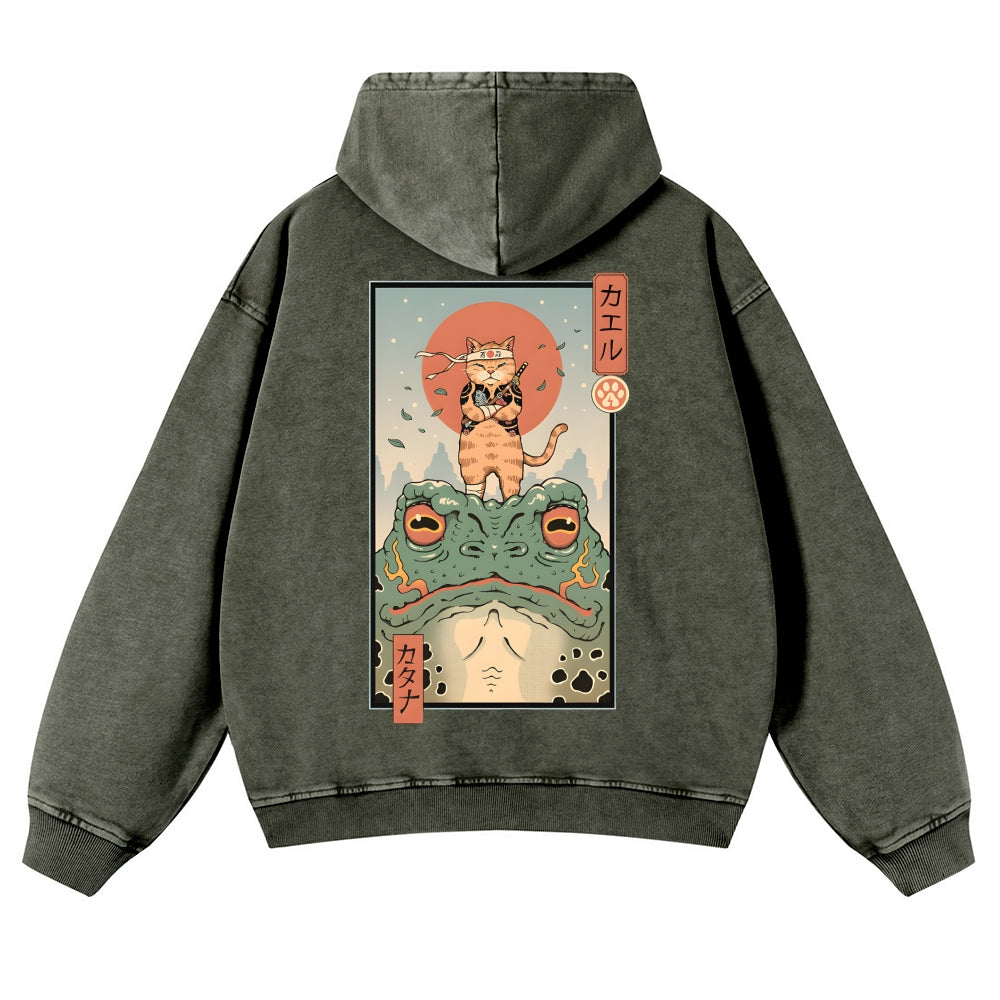 Cat Frog Vintage Washed Cotton Back Art Hoodie