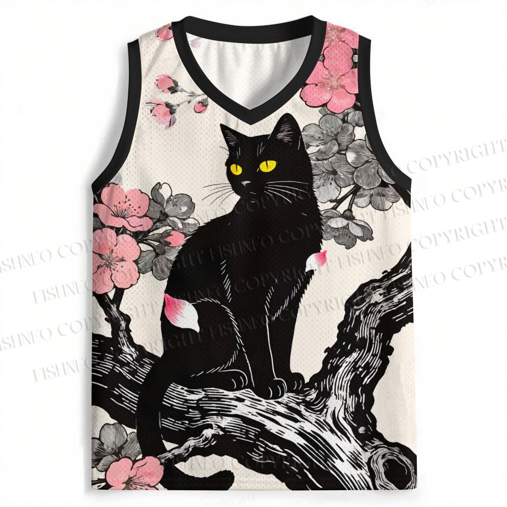 Vintage Black Cat on Sakura Tree Jersey Tank
