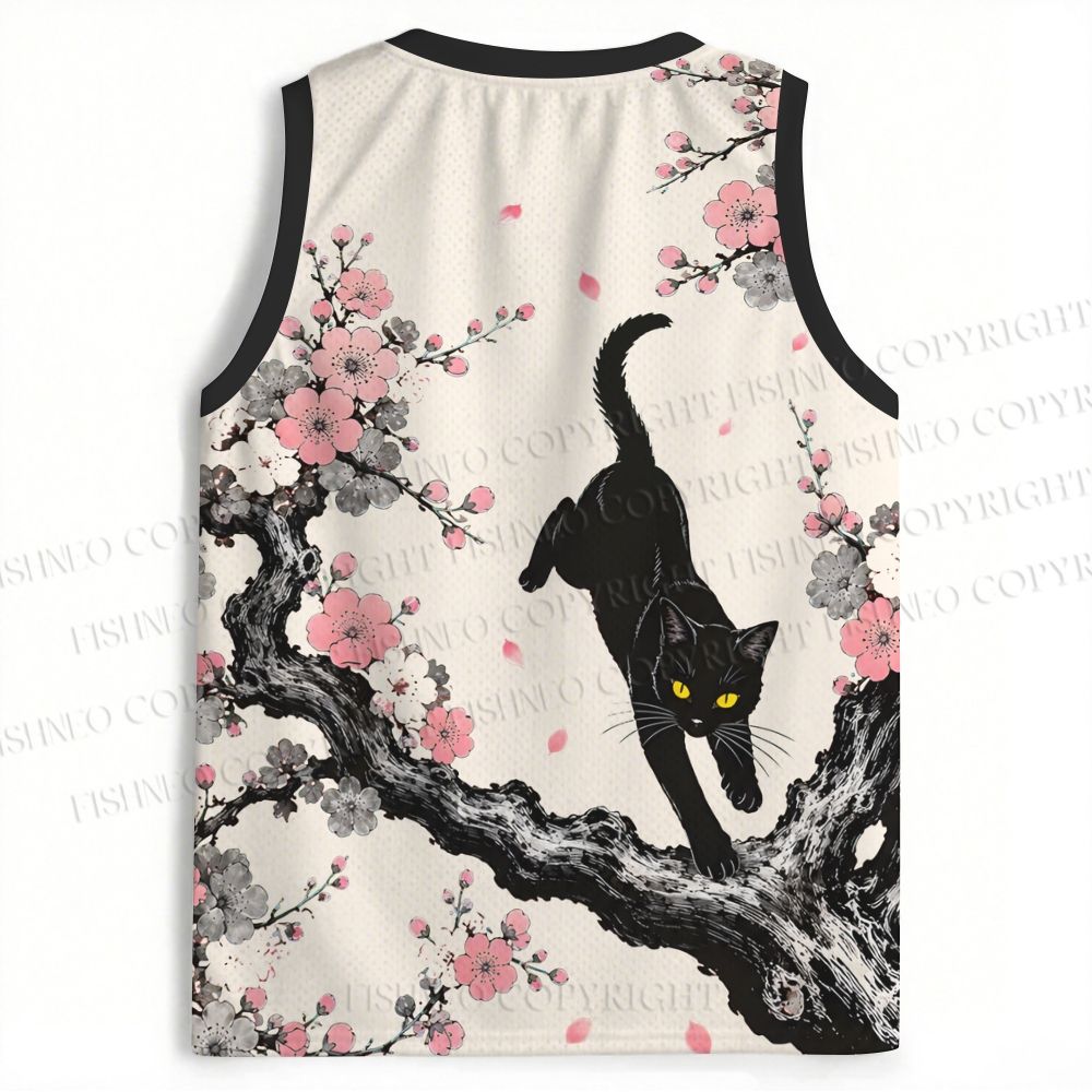 Vintage Black Cat on Sakura Tree Jersey Tank