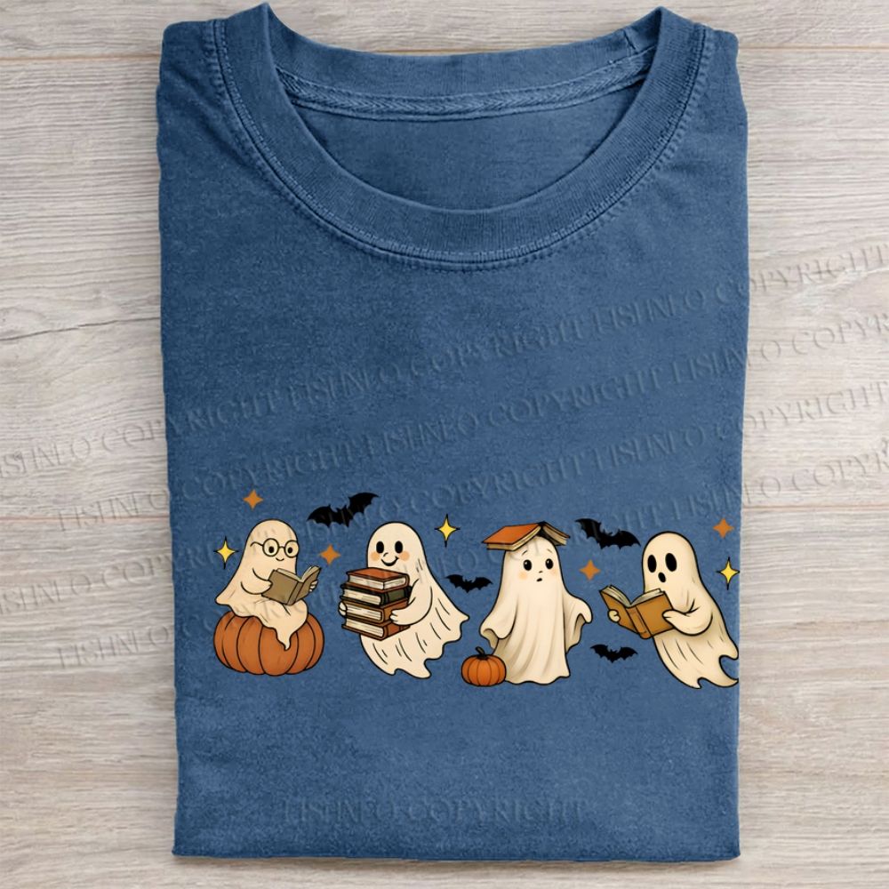 Ghost Reading Book Folded Washed T-shirt
