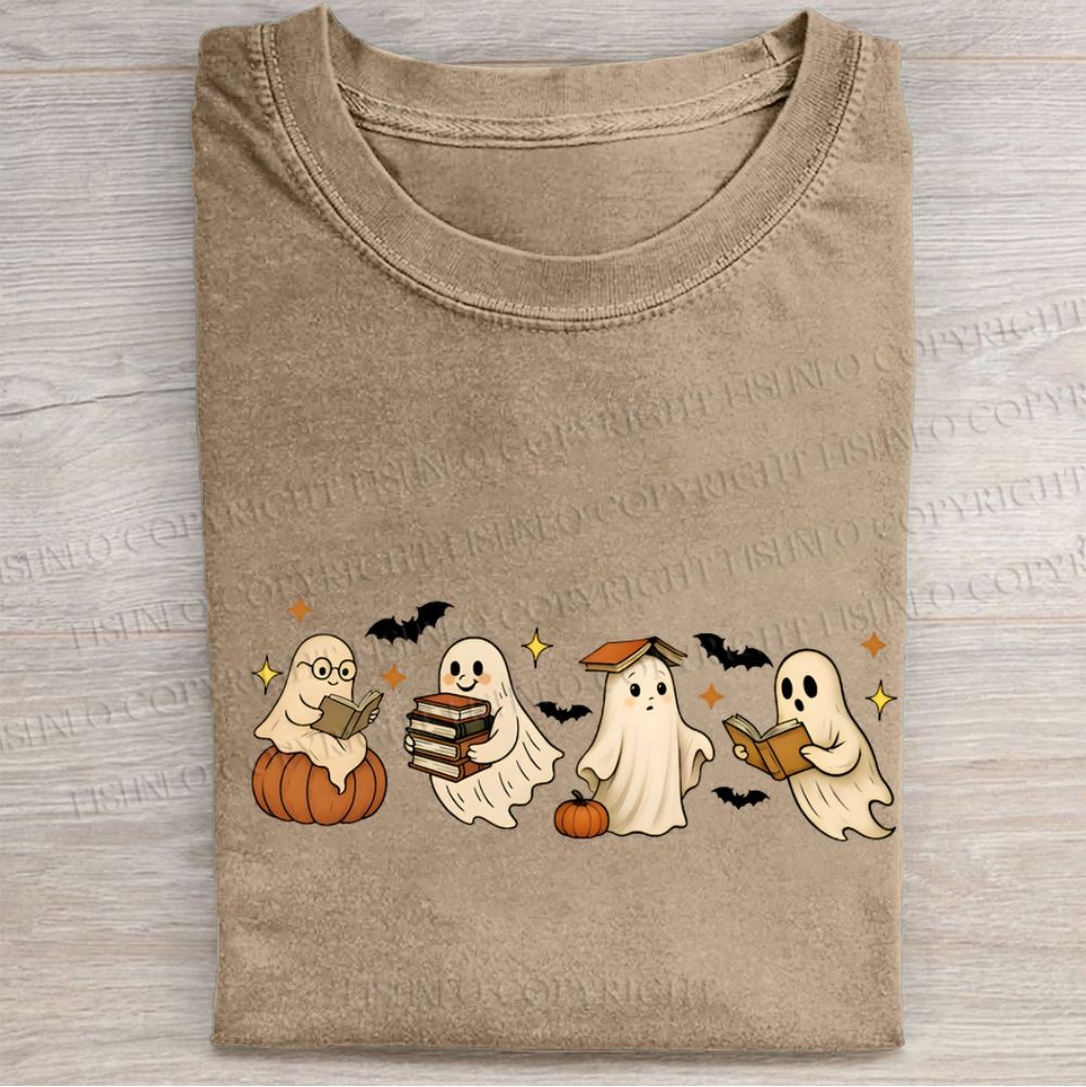 Ghost Reading Book Folded Washed T-shirt
