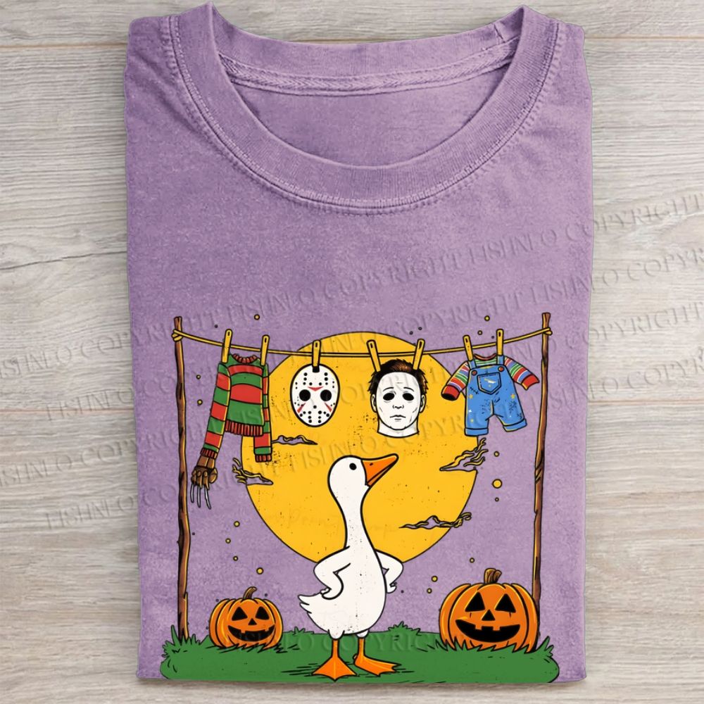 Halloween Goose Printed Folded Washed T-shirt