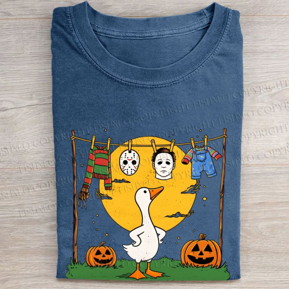 Halloween Goose Printed Folded Washed T-shirt