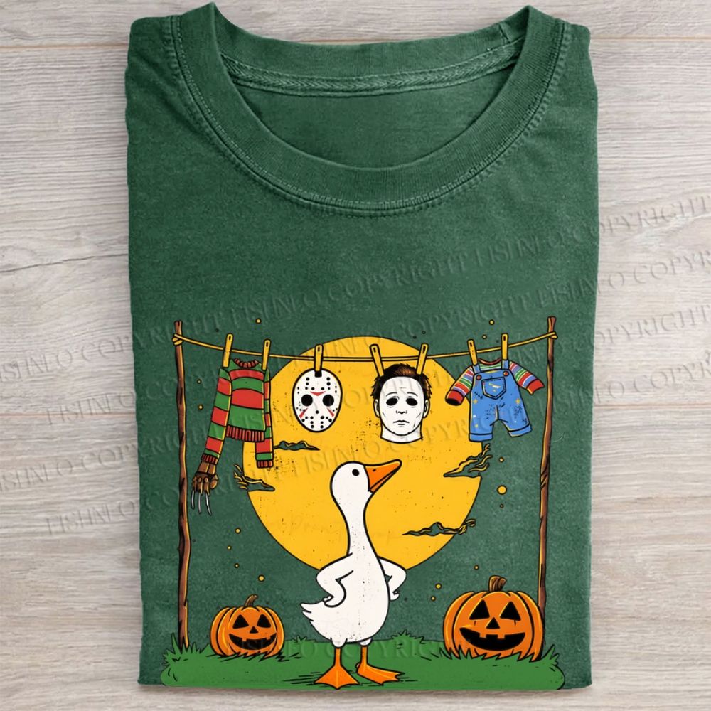 Halloween Goose Printed Folded Washed T-shirt