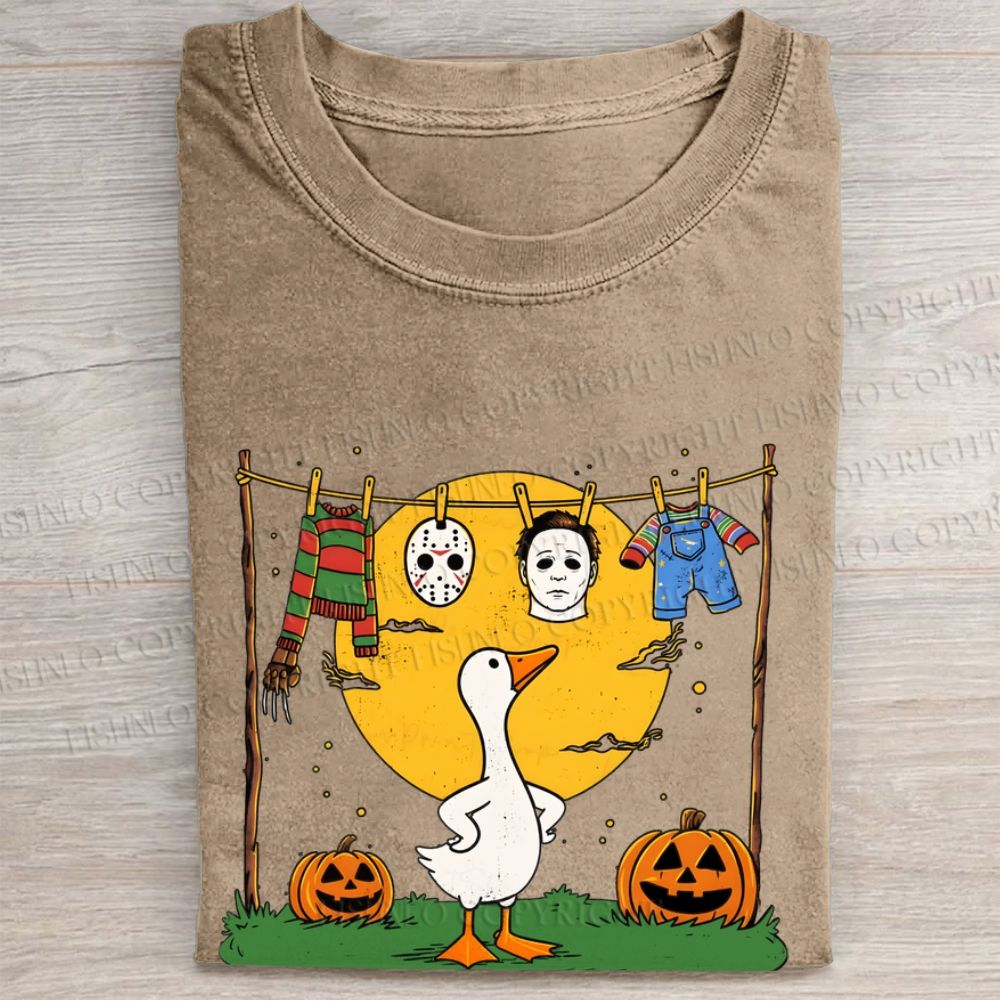 Halloween Goose Printed Folded Washed T-shirt