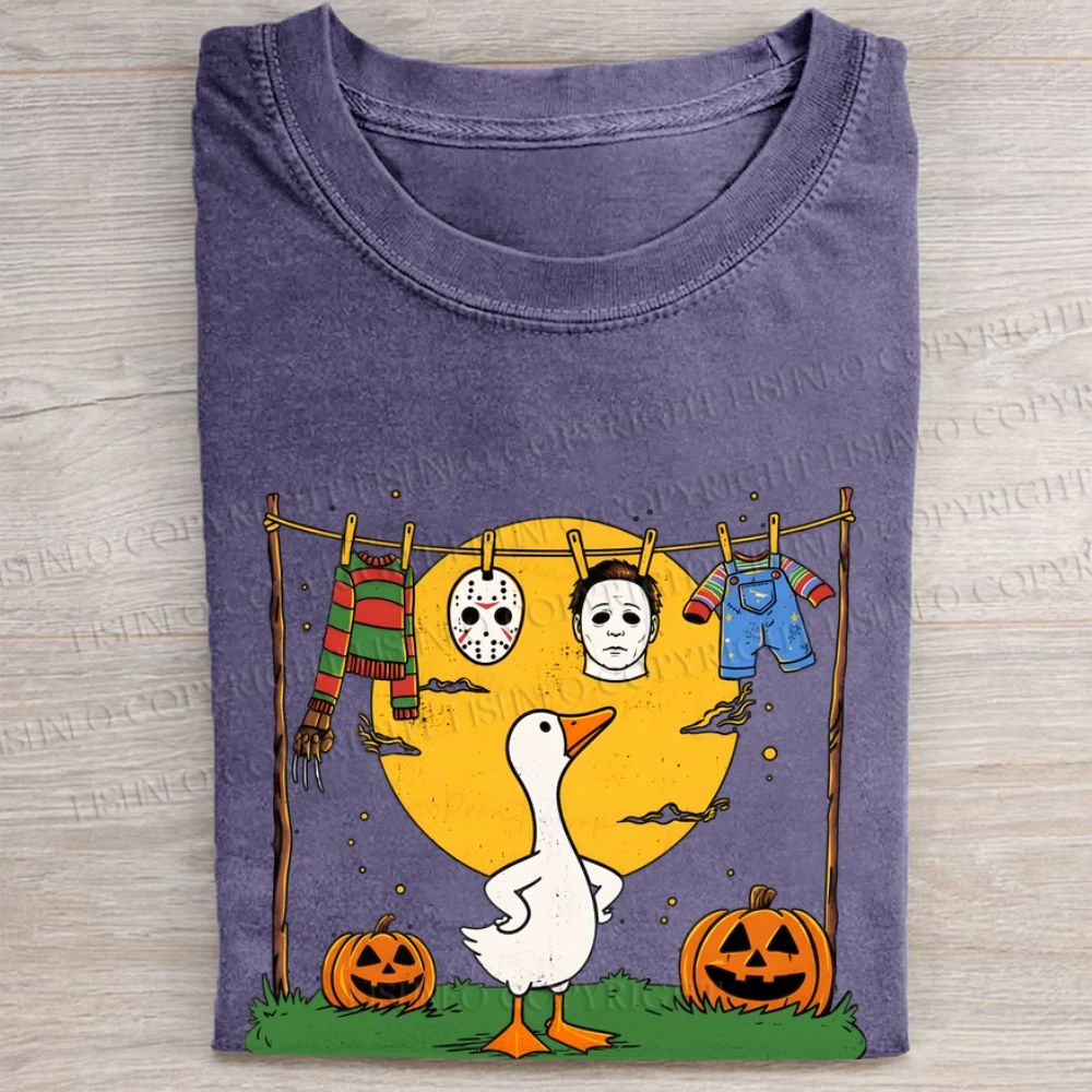 Halloween Goose Printed Folded Washed T-shirt