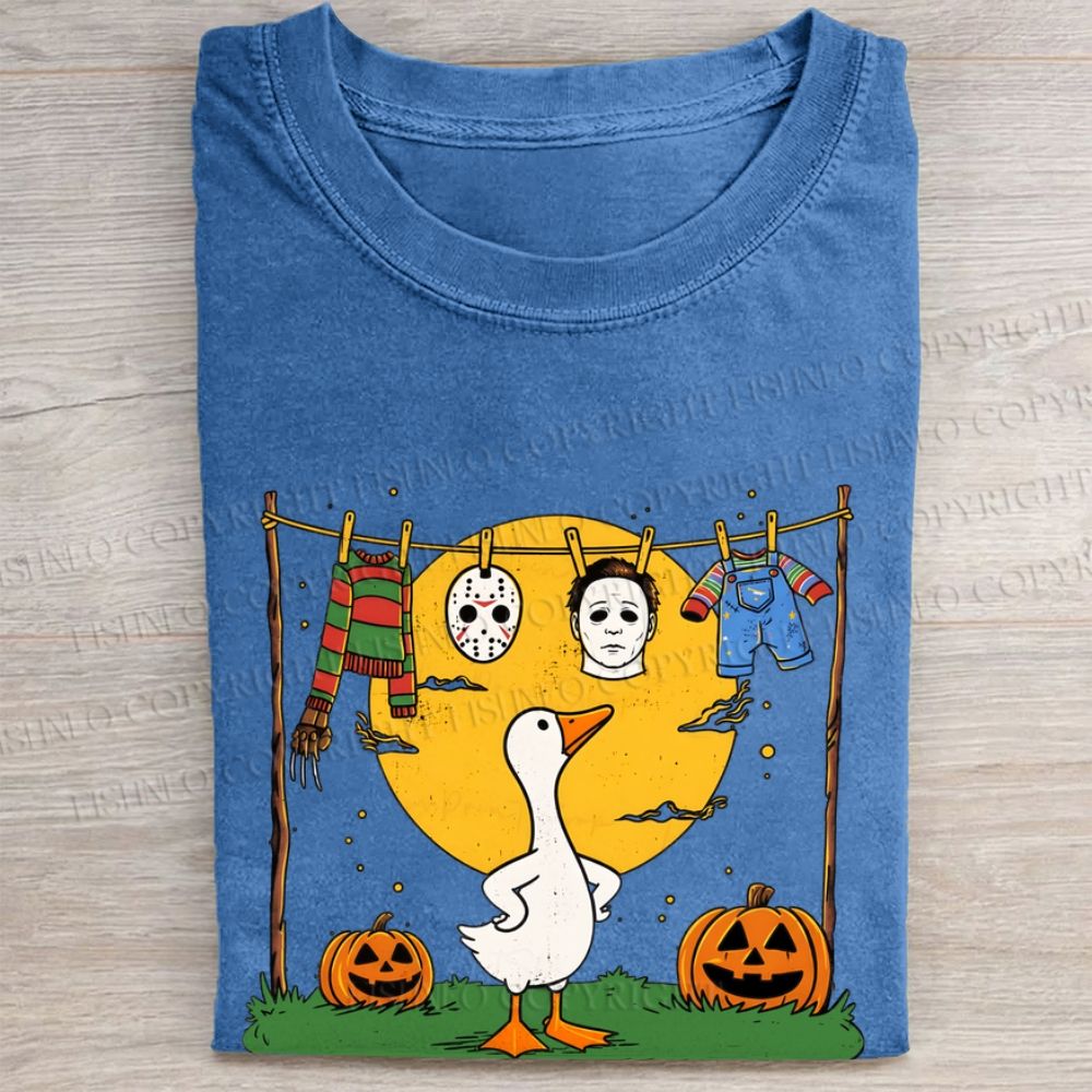 Halloween Goose Printed Folded Washed T-shirt