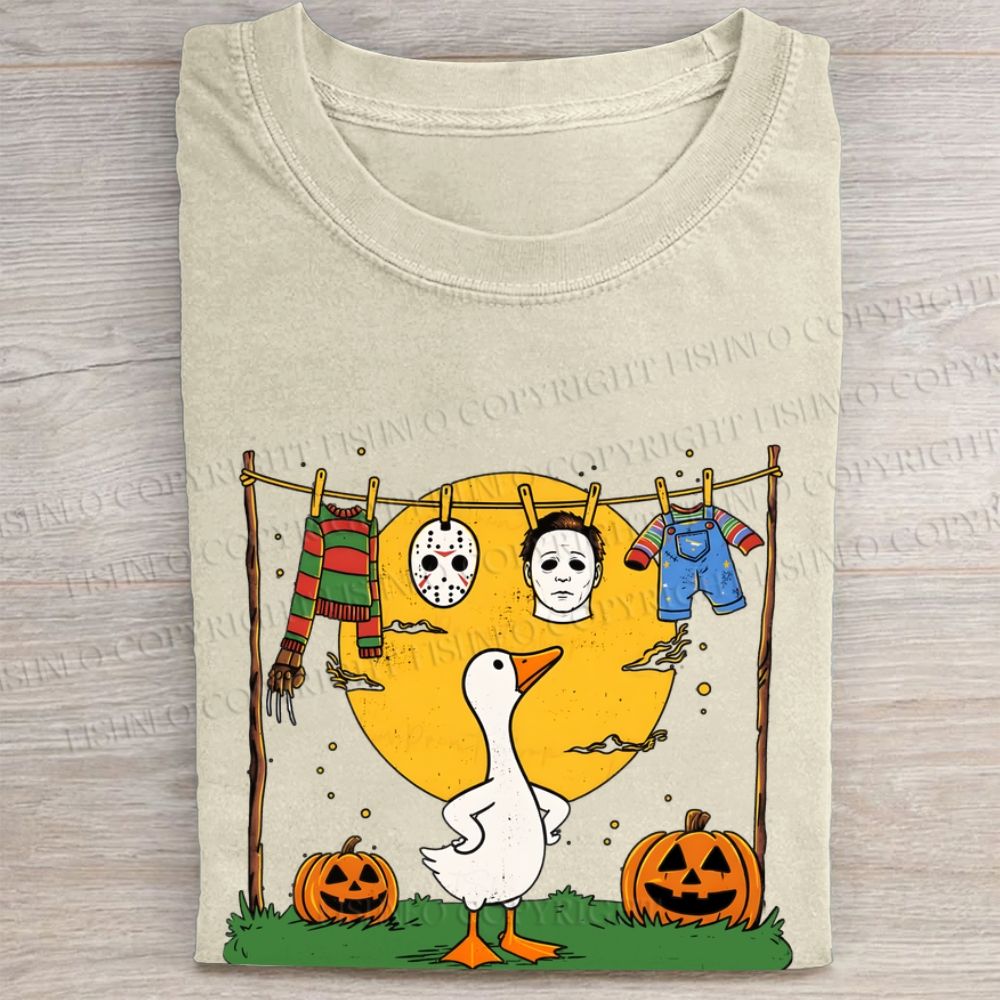 Halloween Goose Printed Folded Washed T-shirt