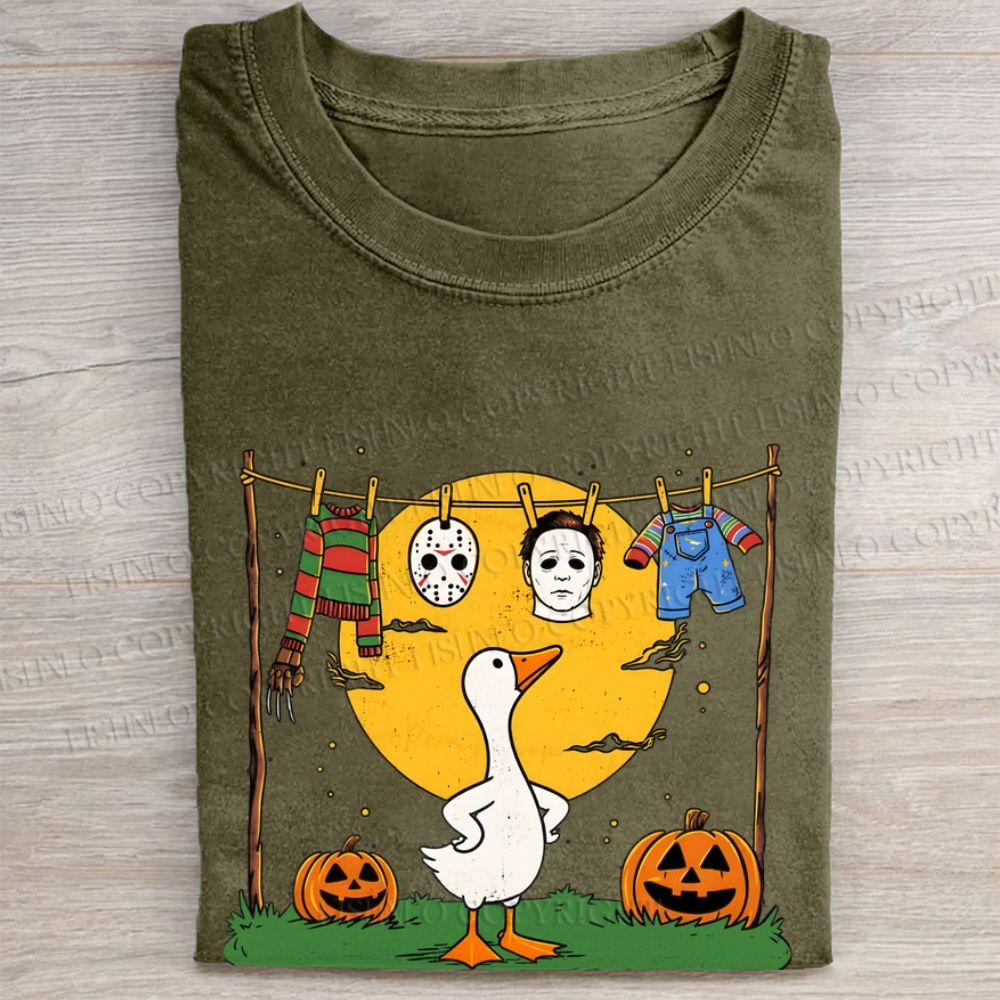 Halloween Goose Printed Folded Washed T-shirt