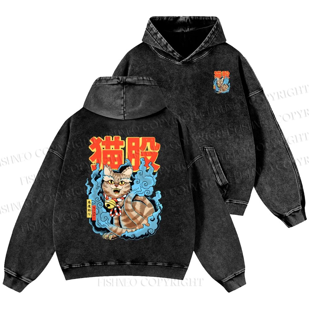 Unisex Casual Japanese Nekomata Printed Double-sided Washed Hoodie