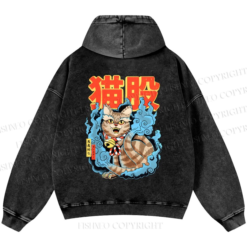 Unisex Casual Japanese Nekomata Printed Double-sided Washed Hoodie