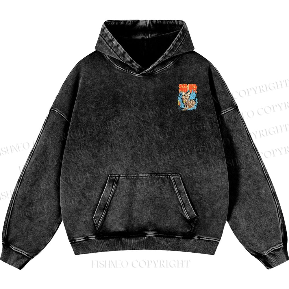 Unisex Casual Japanese Nekomata Printed Double-sided Washed Hoodie