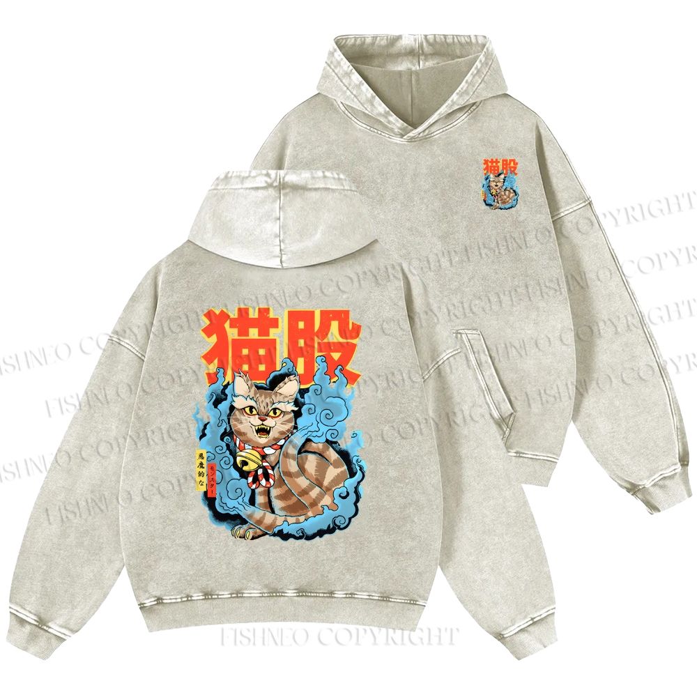Unisex Casual Japanese Nekomata Printed Double-sided Washed Hoodie
