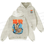 Unisex Casual Japanese Nekomata Printed Double-sided Washed Hoodie