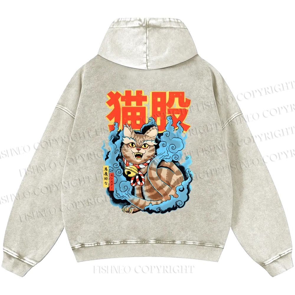 Unisex Casual Japanese Nekomata Printed Double-sided Washed Hoodie