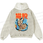 Unisex Casual Japanese Nekomata Printed Double-sided Washed Hoodie