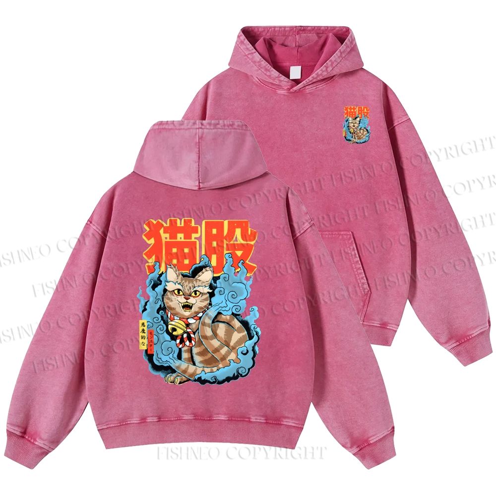 Unisex Casual Japanese Nekomata Printed Double-sided Washed Hoodie