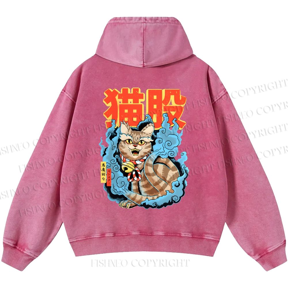 Unisex Casual Japanese Nekomata Printed Double-sided Washed Hoodie