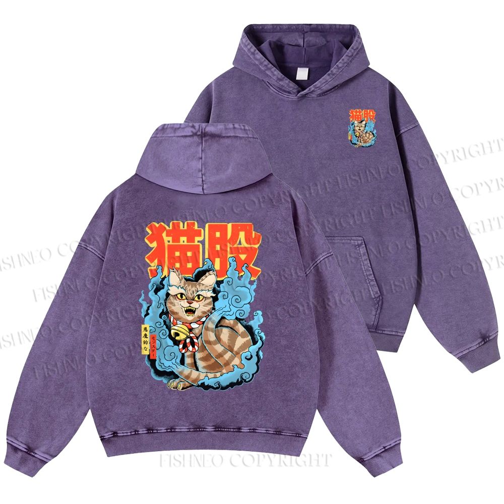 Unisex Casual Japanese Nekomata Printed Double-sided Washed Hoodie