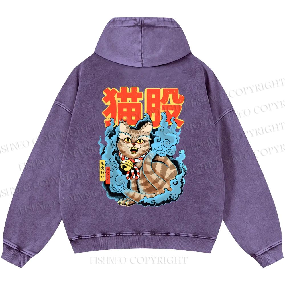 Unisex Casual Japanese Nekomata Printed Double-sided Washed Hoodie