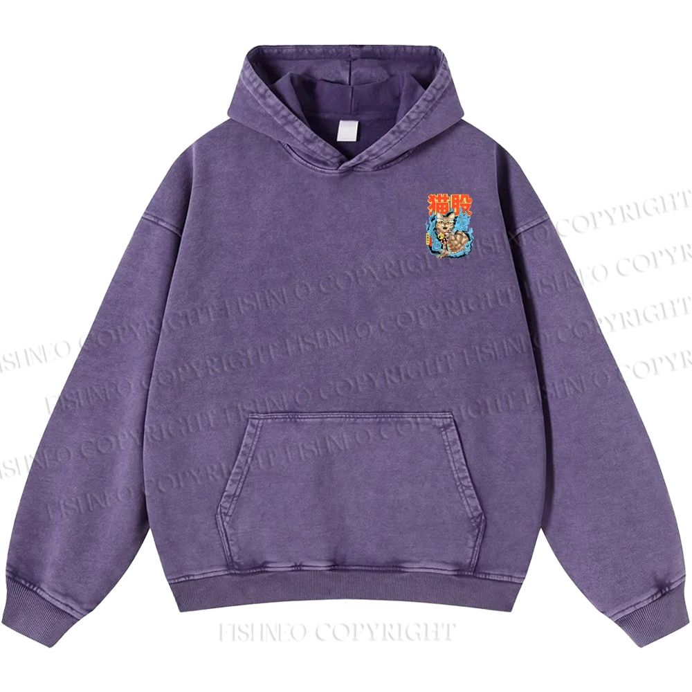 Unisex Casual Japanese Nekomata Printed Double-sided Washed Hoodie