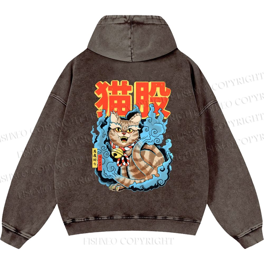 Unisex Casual Japanese Nekomata Printed Double-sided Washed Hoodie
