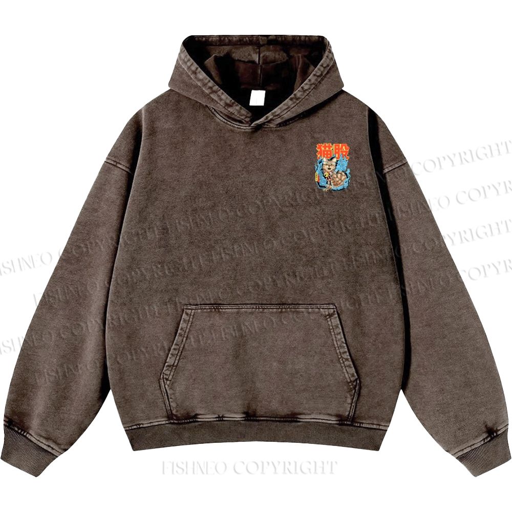 Unisex Casual Japanese Nekomata Printed Double-sided Washed Hoodie
