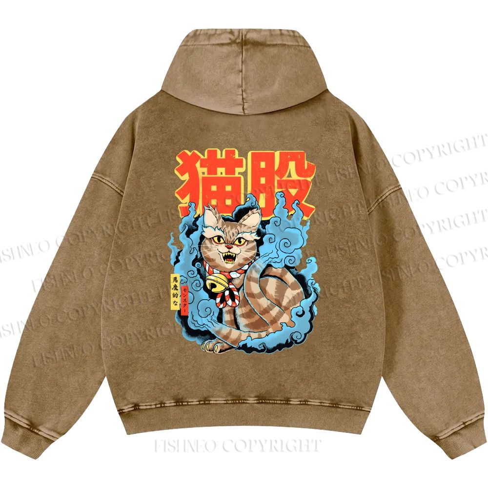 Unisex Casual Japanese Nekomata Printed Double-sided Washed Hoodie