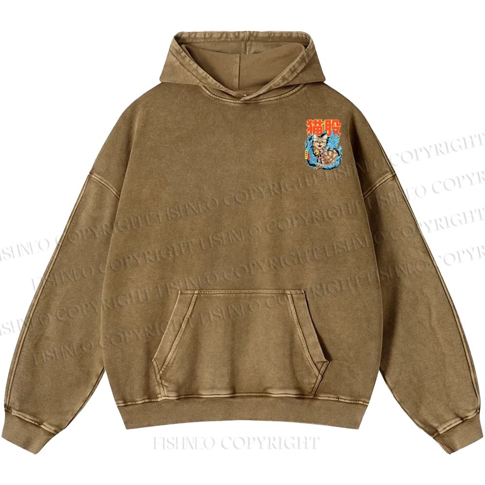 Unisex Casual Japanese Nekomata Printed Double-sided Washed Hoodie