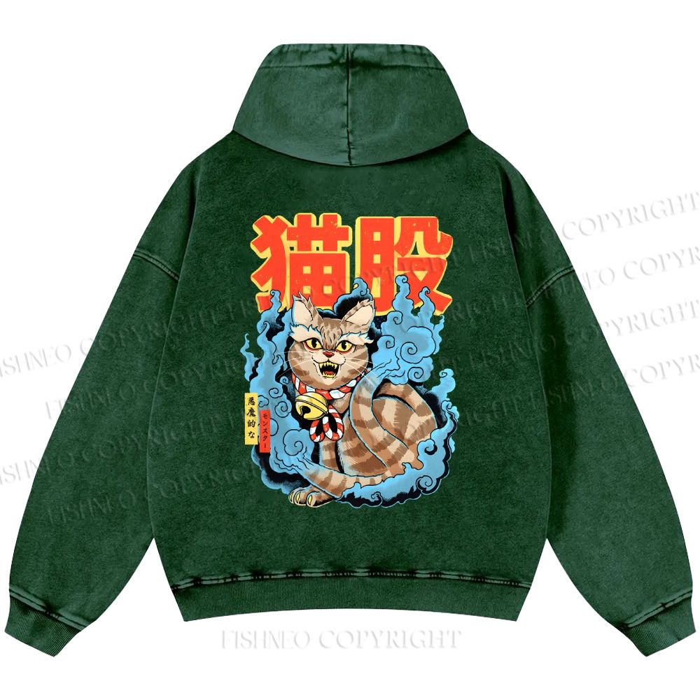 Unisex Casual Japanese Nekomata Printed Double-sided Washed Hoodie